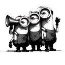 side view, three minions standing on the top of each other, one on the top speaks thru megaphone  tattoo design idea