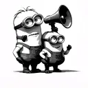 side view, three minions standing on the top of each other, one on the top speaks thru megaphone  tattoo design idea