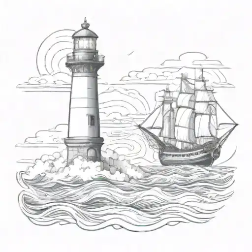 light house with a burning ship in stormy seas tattoo design idea