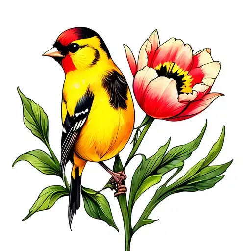 goldfinch and tulip flower tattoo design idea