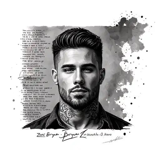 A portrait of Zach Bryan with lyrics from one of his songs in the background tattoo design idea