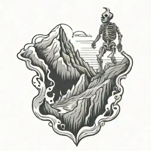 mountain peak with fire flames and skeleton climbing  tattoo design idea