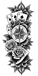 filigree design with playing cards, compass and roses tattoo design idea