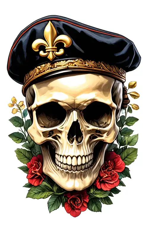 skull with French military beret French fleur de lys add the astro sign Aquarius and Scorpio tattoo design idea