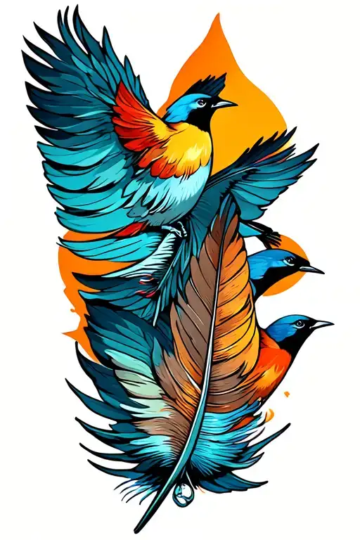feather with 3 birds flying away tattoo design idea
