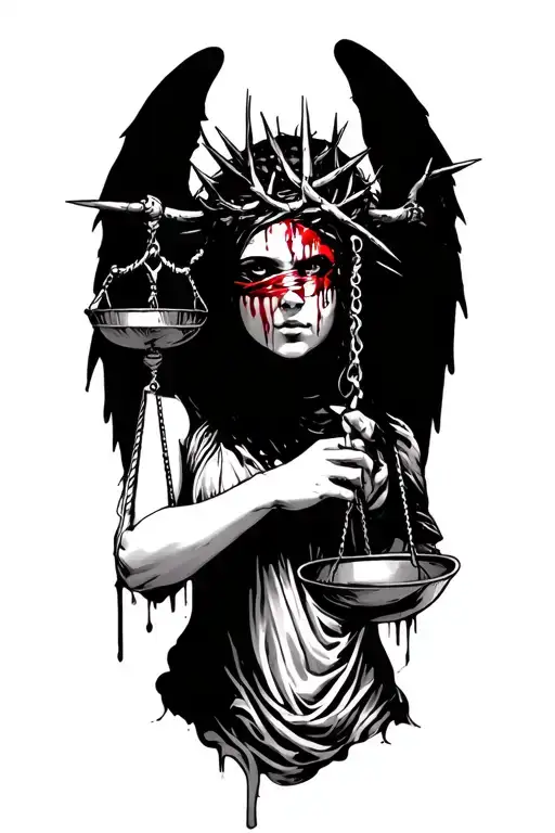 Corrupted Lady Justice with thorns on her head and with wings and her eyes blindfolded with blood tattoo design idea