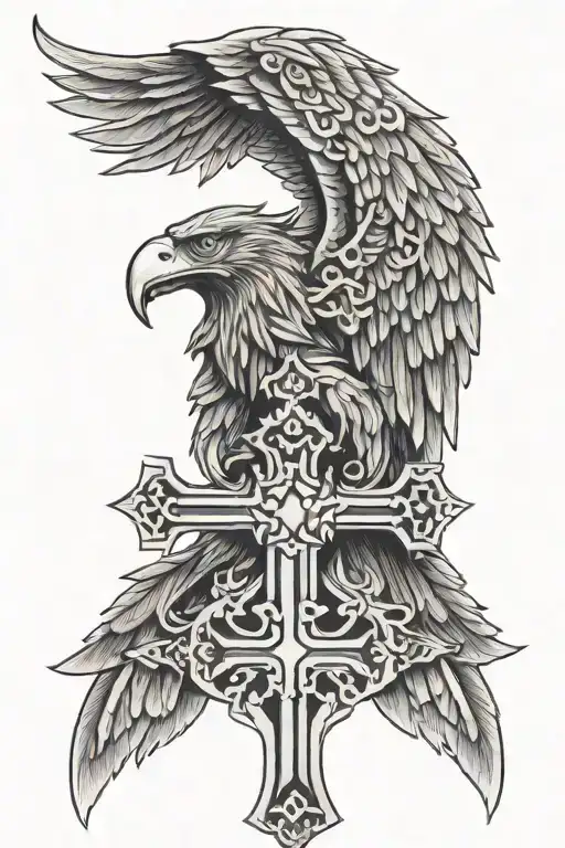 Anglo Saxon cross with eagles wings spread wolf howling tattoo design idea
