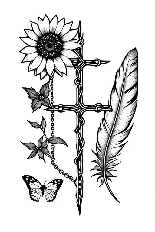 cross , sunflower, butterfly ,feather ,  broken chain  inspirational tattoo  tattoo design idea