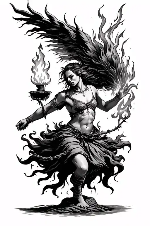 Free Spirit dancing around a blazing torch with barbed wire tattoo design idea
