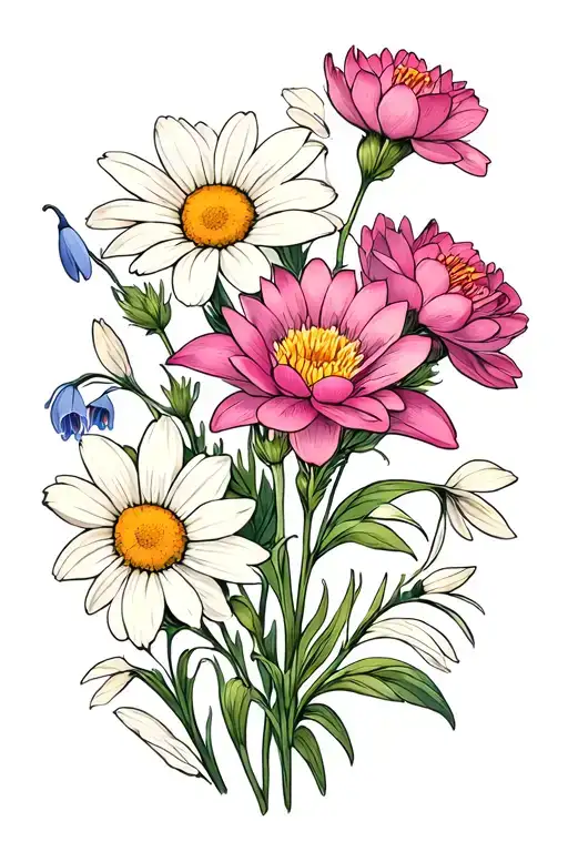 Minimalist, women, arm sleeve, flower: Daisy, Sweet Pea, Carnation, Snowdrop, Daffodil, Jonquil, Larkspur, Water Lily, P tattoo design idea