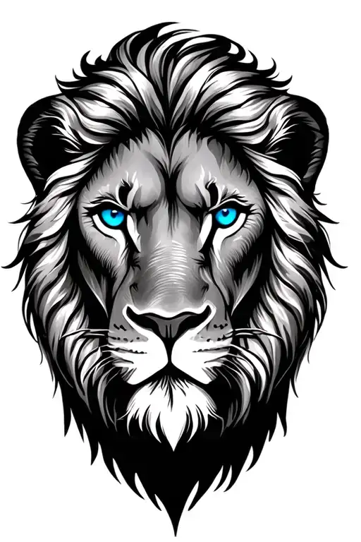 lion head fine lines blue eyes tattoo design idea