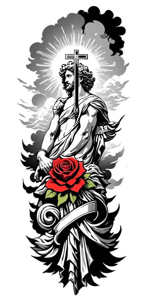 Greek gods with clouds with rays and clouds and a cross and a lightly red colored rose tattoo design idea