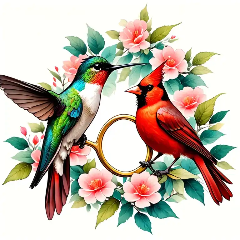 hummingbird and cardinal in infinity sign tattoo design idea