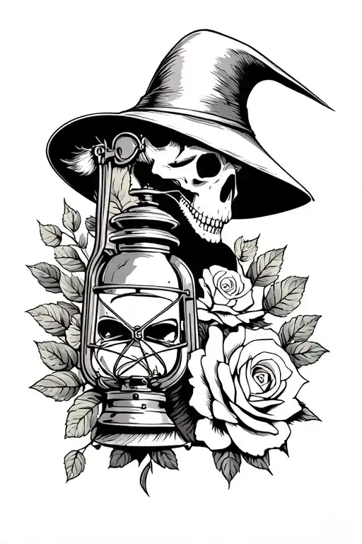 plague doctor themed sleeve with lantern, rat skull, rose tattoo design idea