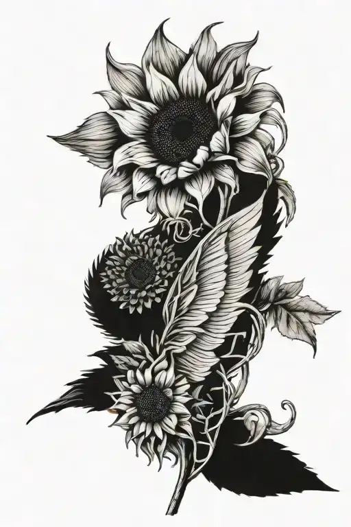  sunflower and a wing cascading  tattoo design idea