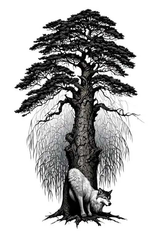 large willow tree with wolf at the base of the tree trunk looking back over its shoulder tattoo design idea