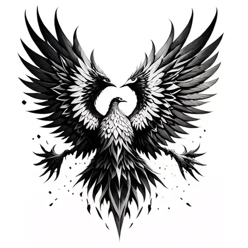 A phoenix rising from ashes, wings outstretched symmetrically on each side. tattoo design idea