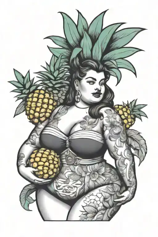 chubby woman, holding pineapple, outline, nsfw tattoo design idea
