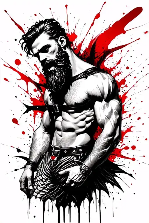 alice in wonderland theme but horror. include a bearded muscle merman wearing a leather harness. gay erotica tattoo design idea