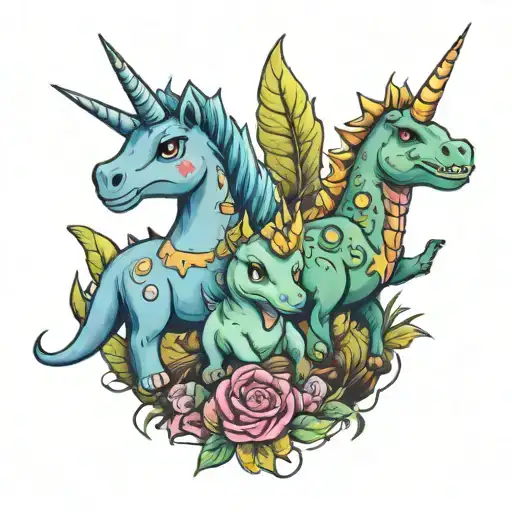 unicorns and dinosaurs babies  tattoo design idea