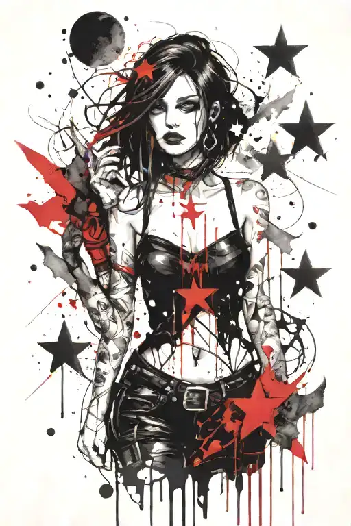 darkly alluring goth girl with stars and moon  tattoo design idea