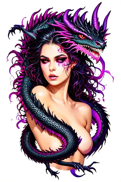 sexy demon with dragon intertwined purples blacks neon colours tattoo design idea