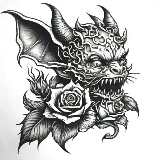little devil in love with dead roses tattoo design idea