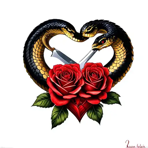 Roop leela visible  name intertwined love heart shaped  within roses king male and female cobra , knife dipped in love.  tattoo design idea