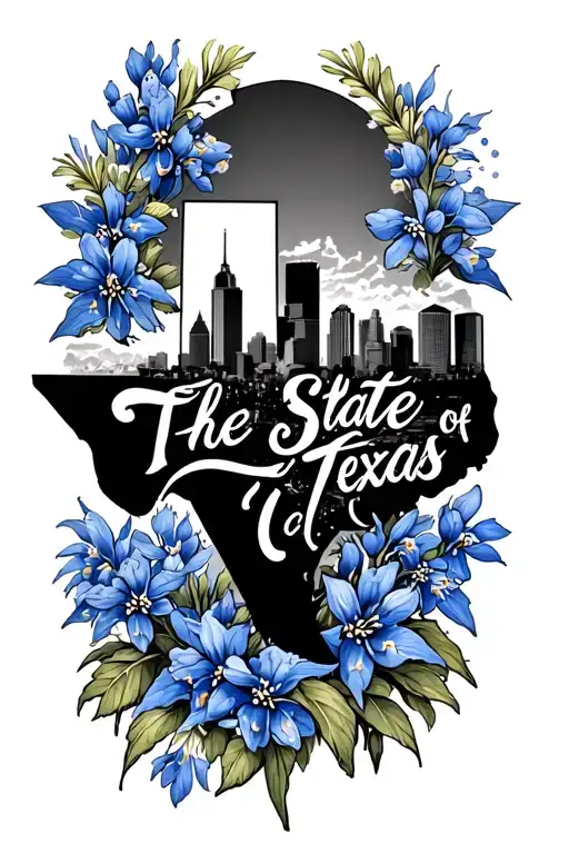texas outline with "the state of texas" written in the center, surrounding it add the dallas skyline and bluebonnets. tattoo design idea