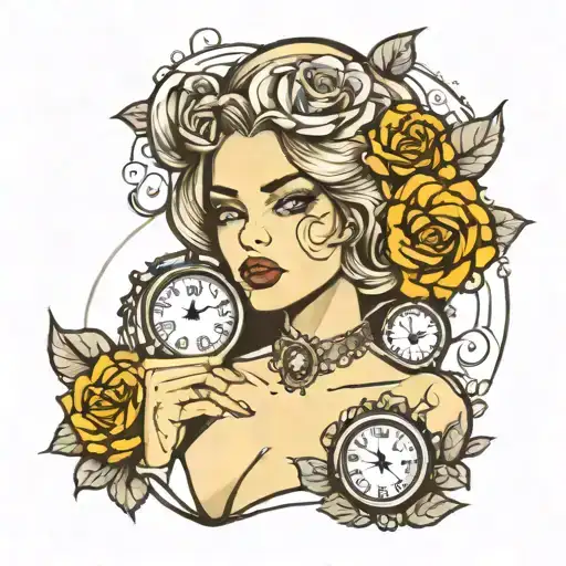 sexy girl face with clocks and roses  tattoo design idea