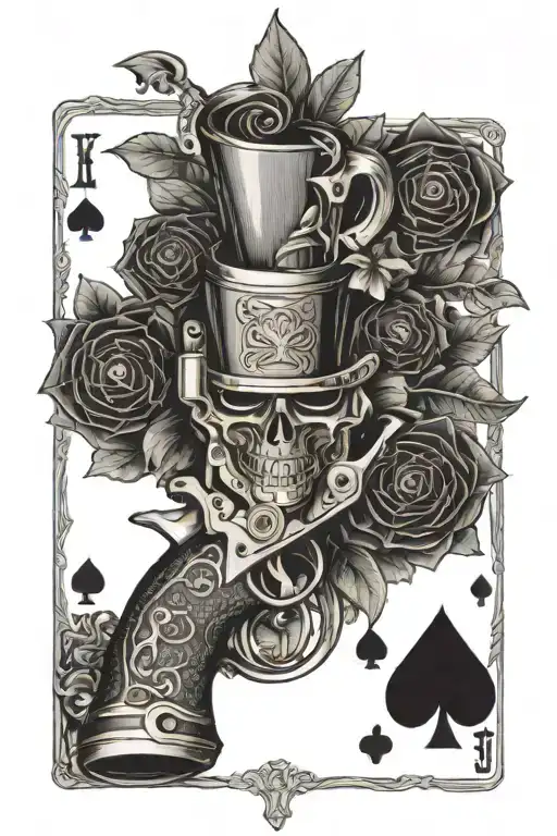 A tattoo design of a smoking revolver surrounded by playing cards and poker chips, symbolizing luck and risk-taking tattoo design idea