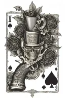 A tattoo design of a smoking revolver surrounded by playing cards and poker chips, symbolizing luck and risk-taking tattoo design idea