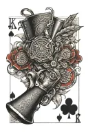 A tattoo design of a smoking revolver surrounded by playing cards and poker chips, symbolizing luck and risk-taking tattoo design idea