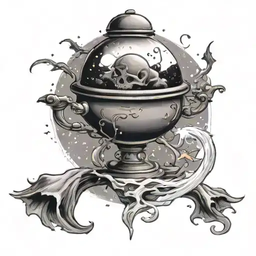 Story book with galaxy coming out of it with cauldron and a magic ball as well tattoo design idea