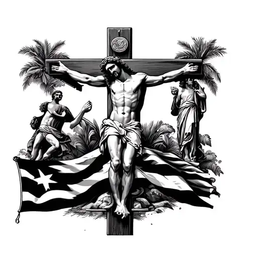 Jesus Christ coming down with a crucifix at the bottom with a puerto rican flag and christopher columbus statue  tattoo design idea