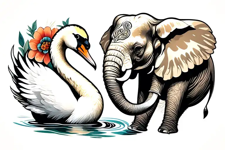 Neo-traditional tattoo design featuring a swan and an elephant, their neck and trunk gently curving toward each other to tattoo design idea
