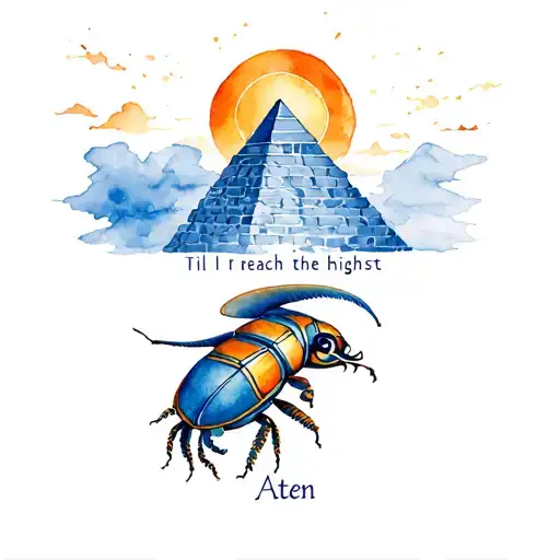 "Till I reach the highest" A pyramid with the sun (Aten) above it, a scarab climbing up, and the Eye of Horus watching over tattoo design idea