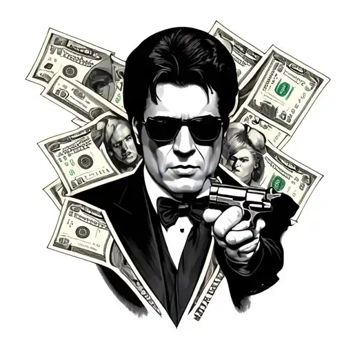 Scarface with tony montana , Elvira , al Capone and Goodfellas, gun ,money  tattoo design idea