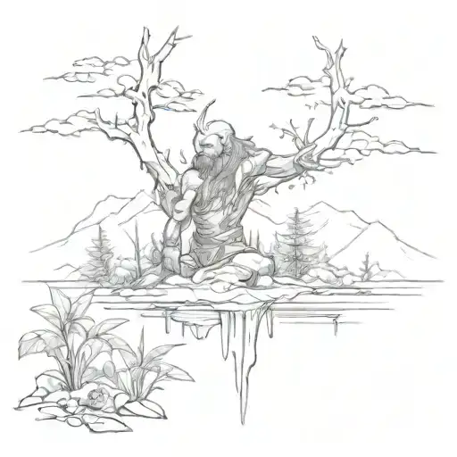 A sketch design of a nature scene with elements from the God of War and Far Cry games incorporated, reflecting the client's love for both game franchises tattoo design idea