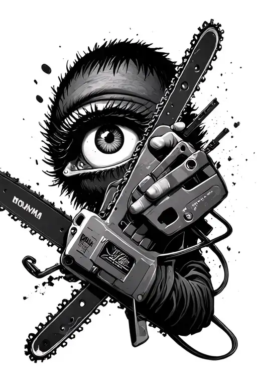 chainsaw man theme, scattered eye of makima, yoru, fami, reze, power, chainsaw cable prisoner tattoo design idea