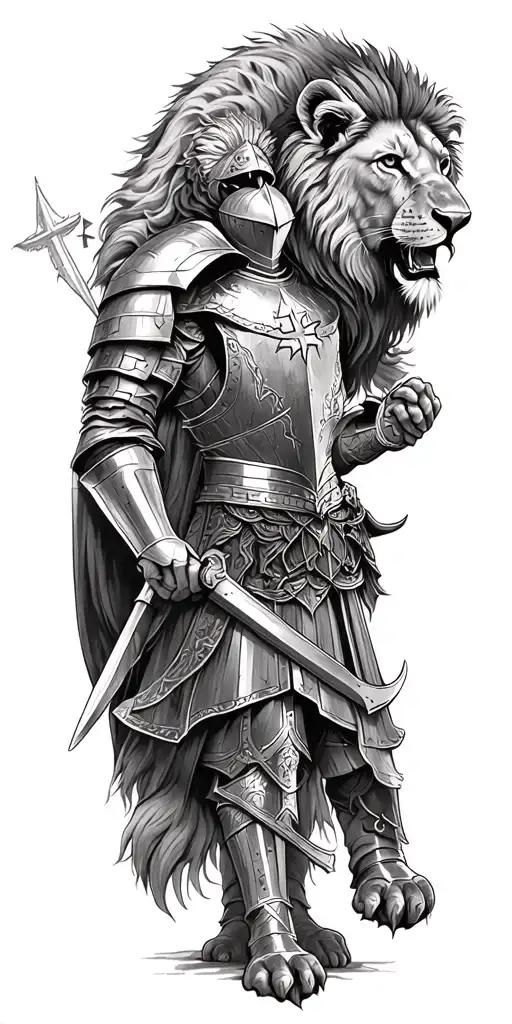 knight templar with a lion and a warrior bible verse written tattoo design idea