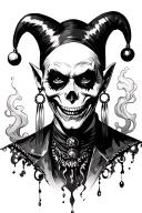 creepy jester with earrings, skulls and smoke coming tattoo design idea