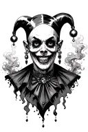 creepy jester with earrings, skulls and smoke coming tattoo design idea