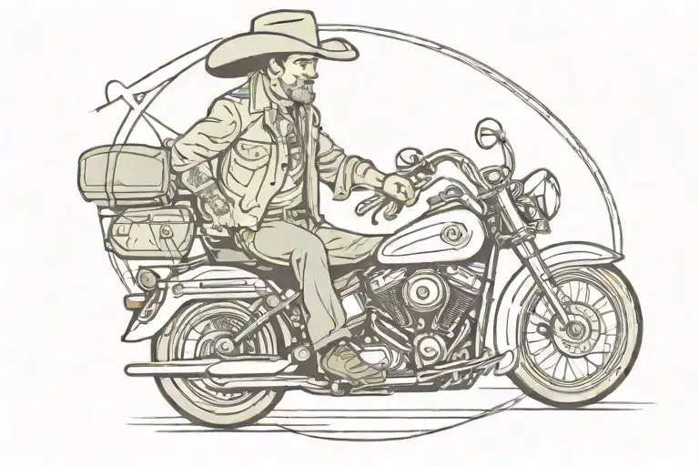 a man holding a wrench riding a Harley Davidson wearing a cowboy hat with no beard tattoo design idea