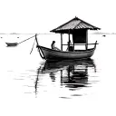 vietnamese fishing boat with a small deck. it in the distance in calm water with no in the background woman sitting in tattoo design idea
