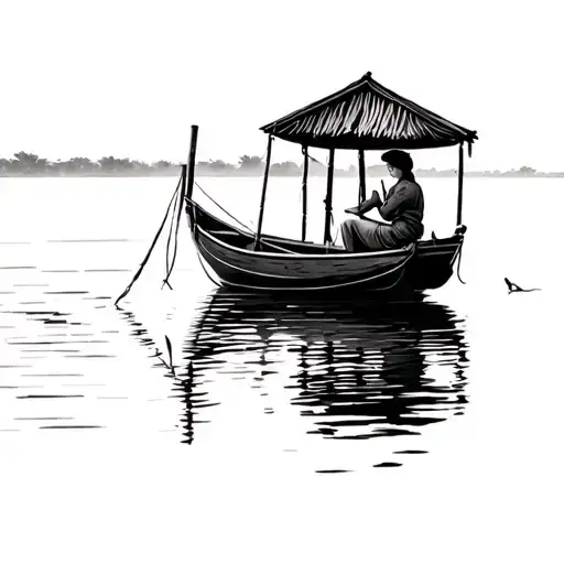 vietnamese fishing boat with a small deck. it in the distance in calm water with no in the background woman sitting in tattoo design idea