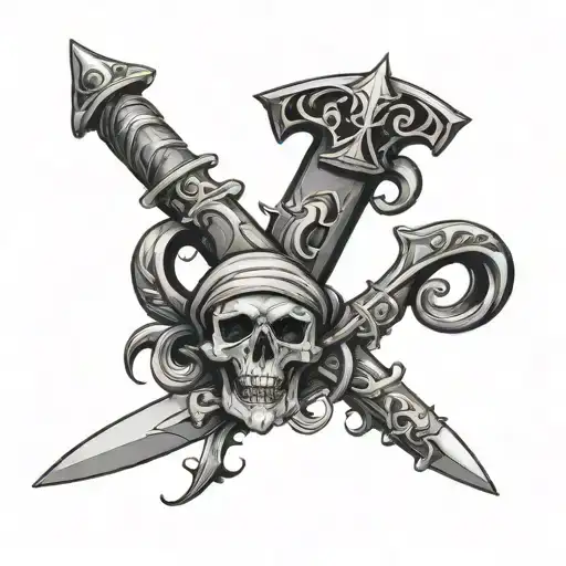 The letter A in old English Gothic writing with a pirate dagger piercing it. tattoo design idea