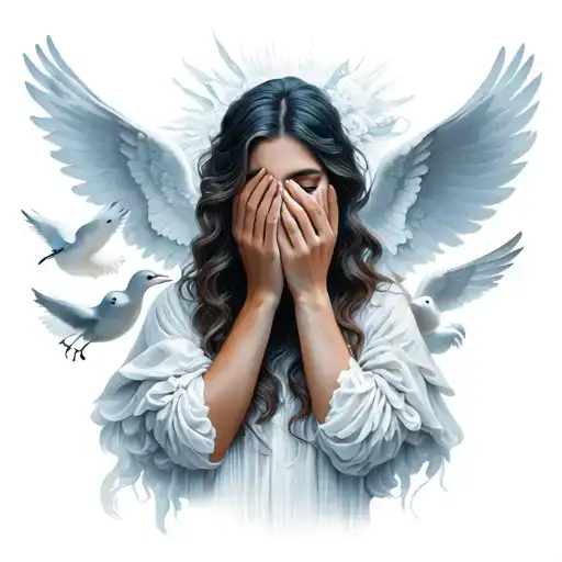 woman covering face surrounded by angels and doves tattoo design idea