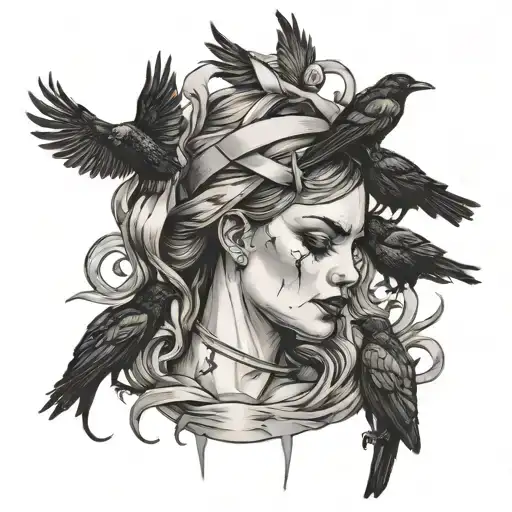 a woman's severed head with crows surrounding it holding a single ribbon tattoo design idea