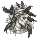 a woman's severed head with crows surrounding it holding a single ribbon tattoo design idea